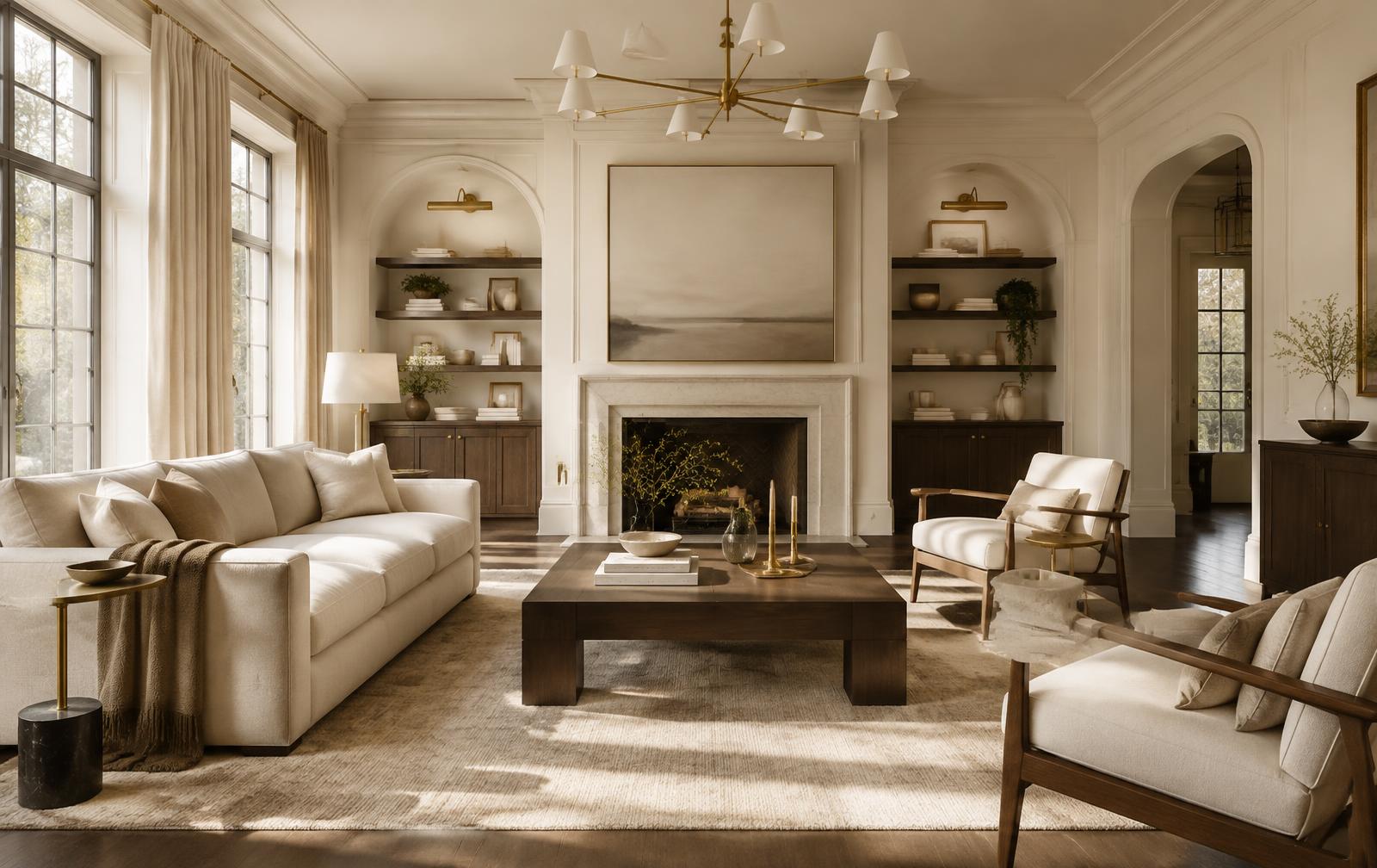 Elegantly staged living room with warm, natural light